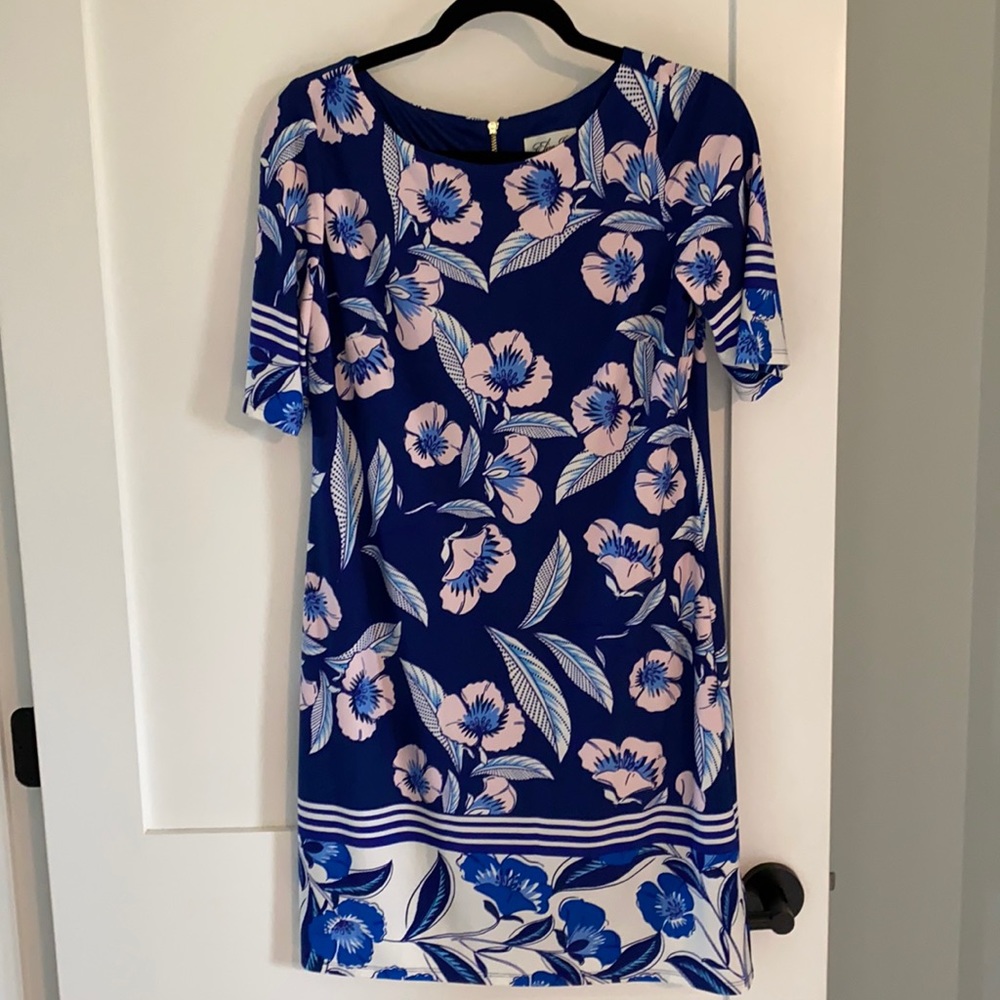 Eliza J Short Sleeve Pink & Blue Floral Shift Dress Size 10P